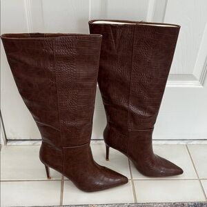 Coconuts by Matisse Brown Croc-Embossed Pointed-Toe Stiletto Knee Boots